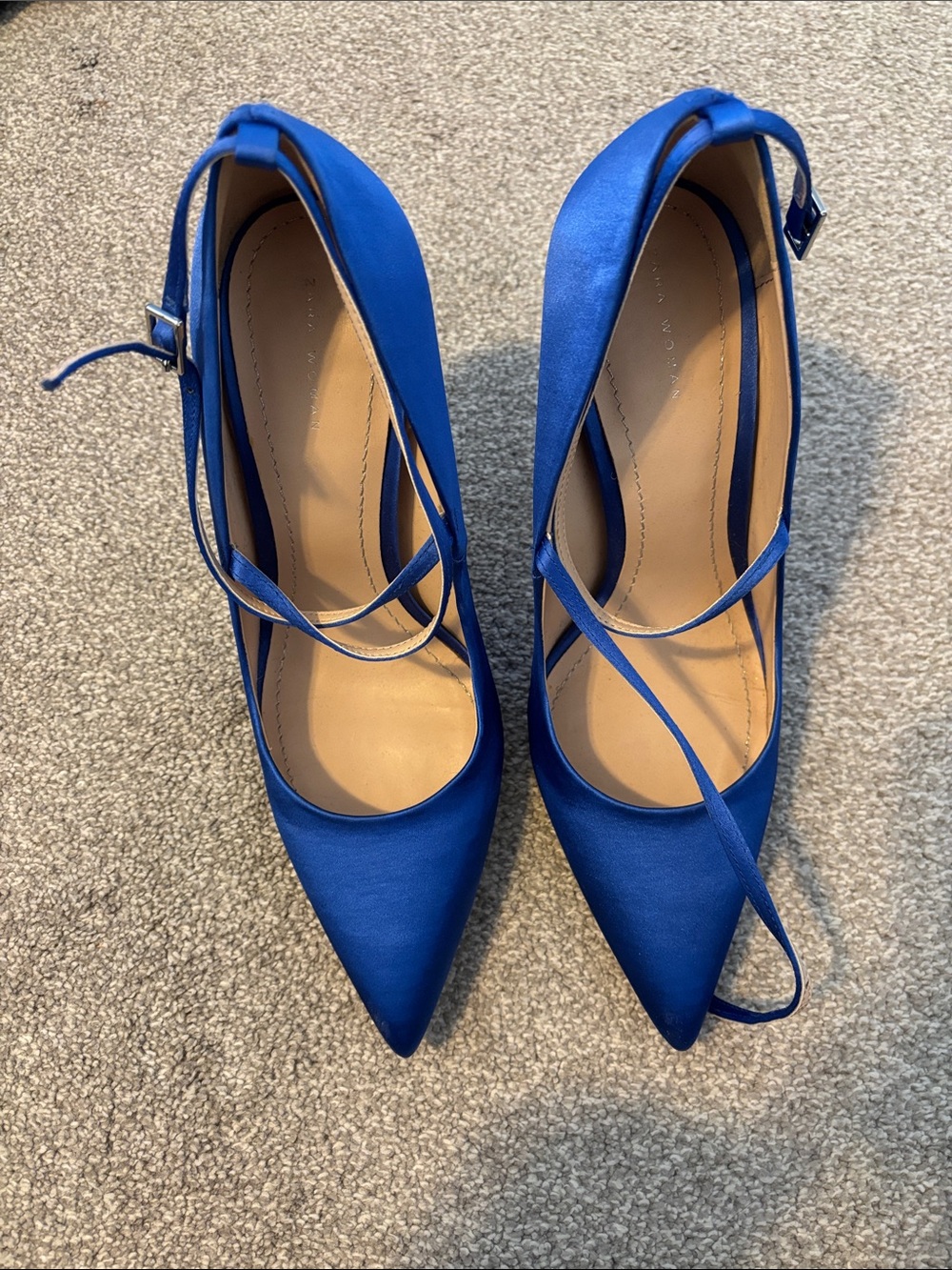Zara Electric Blue Satin Pointed-Toe Ankle-Strap Heels